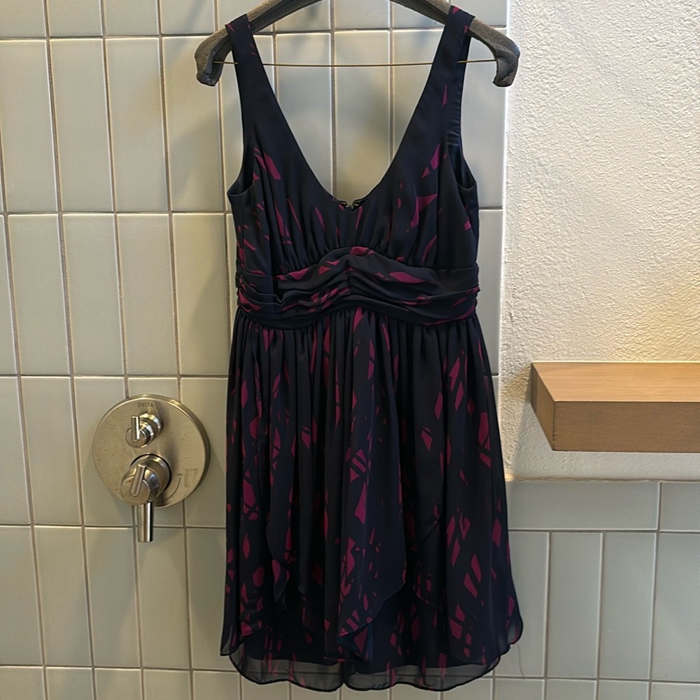 Navy and dark magenta chiffon cocktail dress